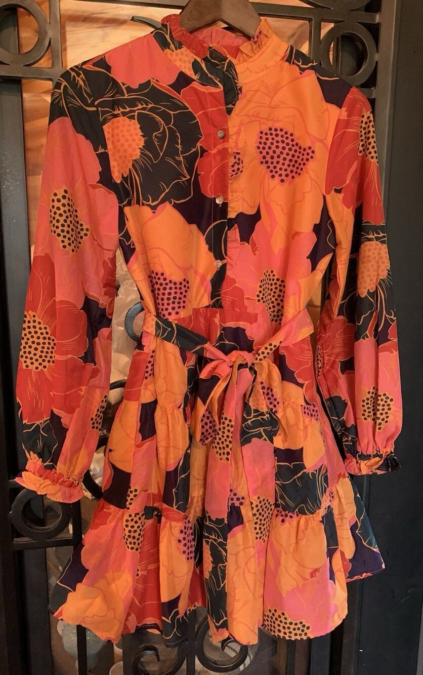 J Marie Floral Tiered Mini Dress Ruffle Pink Orange Navy XS